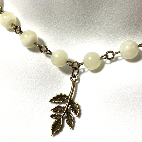 Natural Pale Green Serpentine Necklace, Bronze Leaf Branch + Genuine Gemstone - Picture 1 of 14